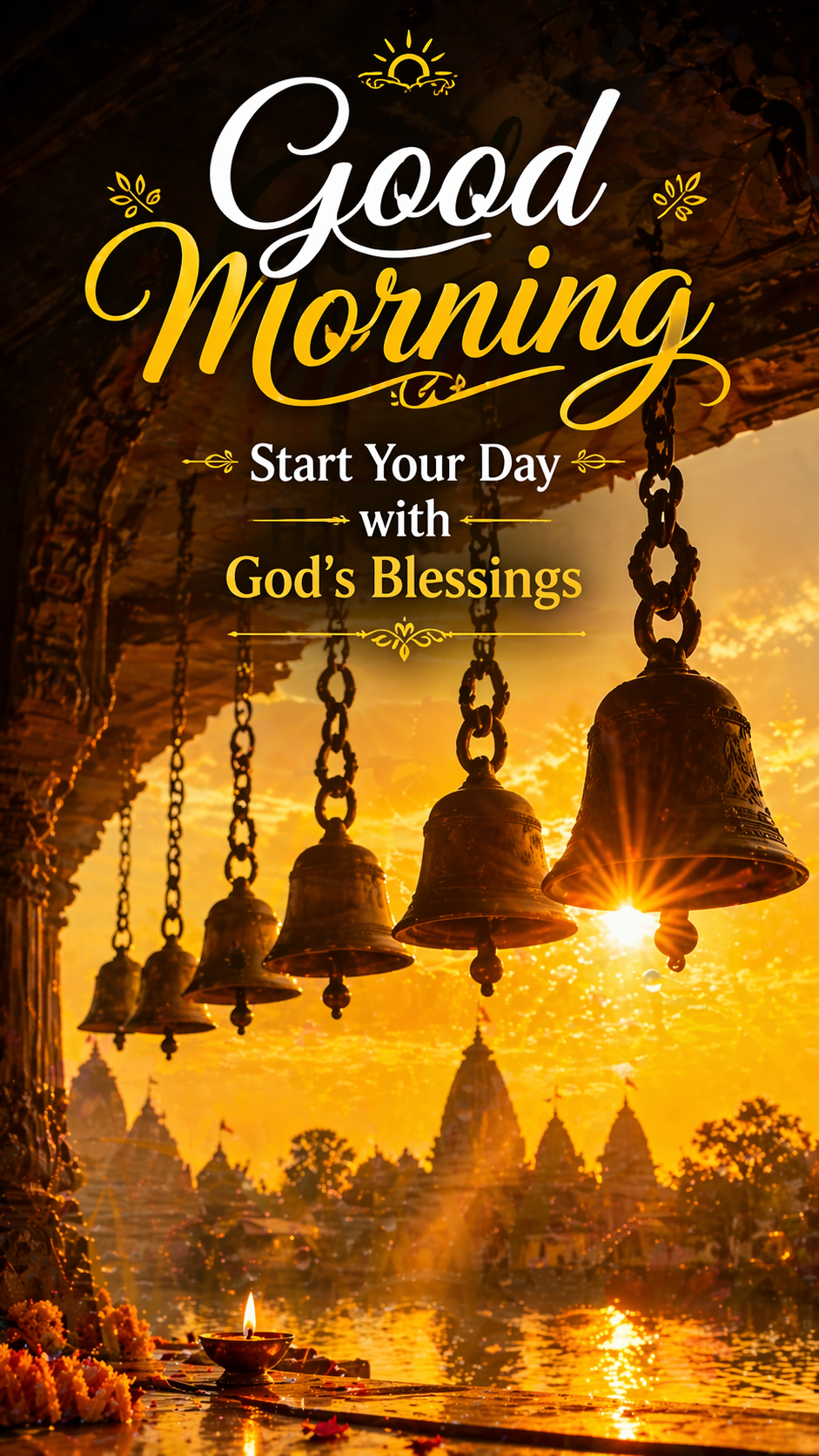 Good morning image temple bells hanging golden sunrise Start Your Day with God's Blessings